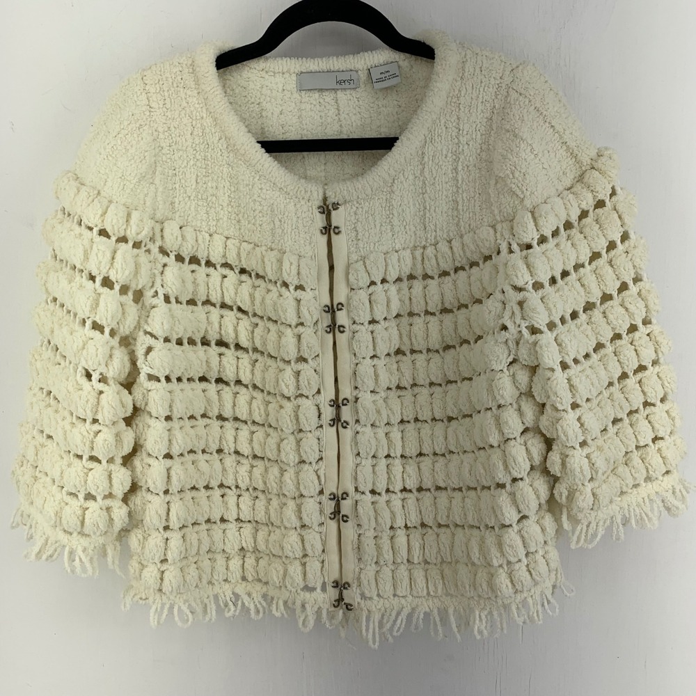 Chunky Knit Textured Pompom CozFringed Cardigan Sweater Boho Whimsigoth Medium
